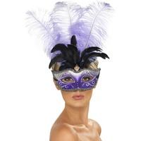 Purple Venetian Colombina Costume Eyemask With Multicolour Plume.