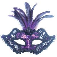 purple black net eye mask with feathers