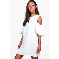 Puff Sleeve Cold Shoulder A-Line Shift Dress - white