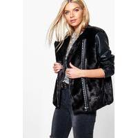 PU Sleeve Faux Fur Zip Up Jacket - black