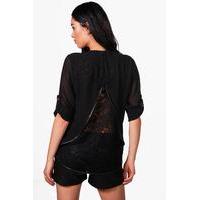 PU Trim Lace Back Blouse - black