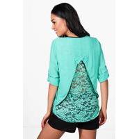 pu trim lace back blouse mint