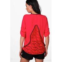 pu trim lace back blouse red