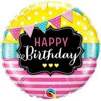 Qualatex Happy Birthday Pennants & Pink Stripes 18 Inch Foil Balloon