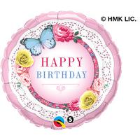 Qualatex 18 Inch Round Foil Balloon - Birthday Butterfly & Roses