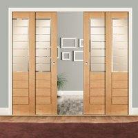 Quad Telescopic Pocket Salvador White Oak Veneer Doors - Sandblasted Etched Glass