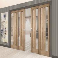 Quad Telescopic Pocket Kilburn 1L Oak Veneer Doors - Clear Glass