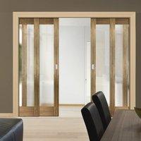 Quad Telescopic Pocket Porto Glazed Walnut Veneer Doors - Frosted Glass - Prefinished