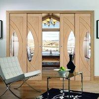 Quad Telescopic Pocket Treviso Oak Veneer Door - Clear Glass - Prefinished