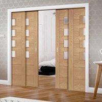 Quad Telescopic Pocket Palermo Oak Veneer Door - 4 Panes of Obscure Glass