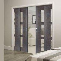 Quad Telescopic Pocket Zeus Ash Grey Glazed Doors - Clear Glass - Prefinished