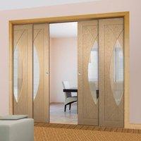 Quad Telescopic Pocket Pesaro Oak Veneer Door - Clear Glass - Prefinished