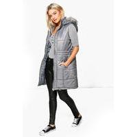 Quilted Longline Faux Fur Hooded Gilet - grey