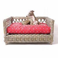 RAISED RATTAN DOG BED with Dotty Raspberry Mattress - Large