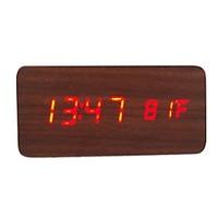RayLineDo Latest Design Fashion Brown Wood Red LED Light Wooden Digital Alarm Clock -Time Temperature Date Display - Voice and Touch Activated