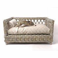 raised rattan dog bed with dotty taupe mattress large