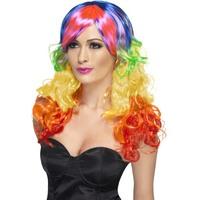 Rainbow Curl Wig Multi-coloured Long With Fringe