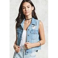 Raw-Hem Distressed Denim Sleeveless Jacket