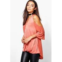 Ravena Drape Slinky Wrap Cold Shoulder Top - antique rose