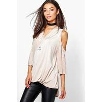 Ravena Drape Slinky Wrap Cold Shoulder Top - stone