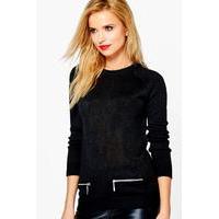 Raglan Sleeve Jumper With Mock Pocket Zippers - black