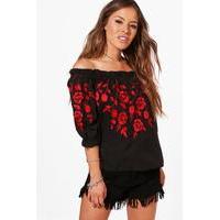 Rachel Embroiderd Off Shoulder Top - black