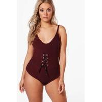 Rachel Ribbed Lace Up Detail Bodysuit - burgundy