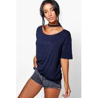 Raw Edge Choker Style SS T-Shirt - navy