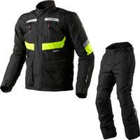 rev it neptune gtx motorcycle jacket and trousers hi vis black kit