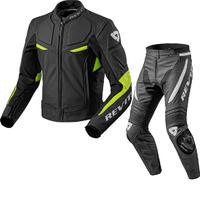 Rev It Masaru Leather Motorcycle Jacket & Trousers Black Neon Yellow Kit