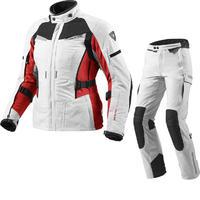 Rev It Sand Ladies Motorcycle Jacket and Trousers Silver Red Silver Black Kit
