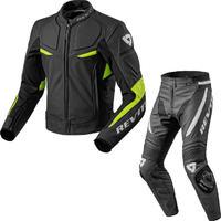 Rev It Masaru Leather Motorcycle Jacket &amp; Trousers Black Neon Yellow Kit