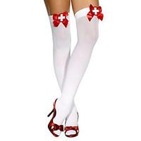 Red Bowknots White Overknees Lycra Stockings Halloween Props Cosplay Accessories