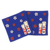 Reversible Cloth Coasters - Navy And Red, Kokeshi Doll And Cherry Blossom Pattern