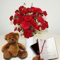 Red & Gold Carnations 20 Stems + Vase + Cuddly Bear plus Diary