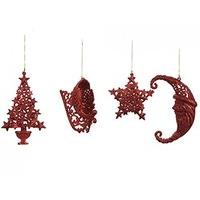Red Glitter Finish Plastic Traditional Tree Decorations - 4 Assorted Designs.