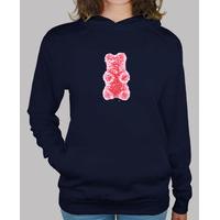 red gummy bear. blue sweatshirt girl