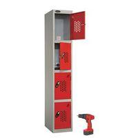 RECHARGE 4 STORAGE LOCKERS WITH PERFORATED DOORS - SLIVER GREY BODY / RED DOORS