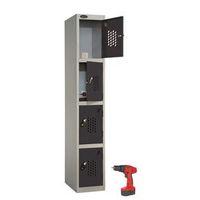 RECHARGE 4 STORAGE LOCKERS WITH PERFORATED DOORS - SLIVER GREY BODY / BLACK DOORS