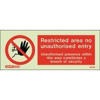 RESTRICTED AREA NO UNAUTHORISED ENTRY BREACH OF SECURITY 80x200mm - RIGID PLASTIC