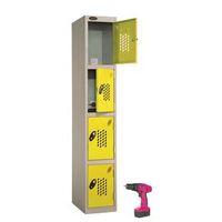 RECHARGE 4 STORAGE LOCKERS WITH PERFORATED DOORS - SLIVER GREY BODY / YELLOW DOORS