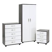 Regal Black Woodgrain 2 Door Wardrobe, 5 Drawer Chest and 3 Drawer Bedside Set White Gloss