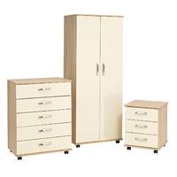 Regal Cocobola 2 Door Wardrobe, 5 Drawer Chest and 3 Drawer Bedside Set Cream Gloss