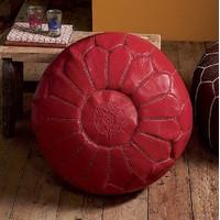 Red Moroccan Leather Pouffe