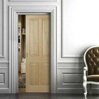 Regency 4 Panel Oak Fire Pocket Door without raised mouldings is 1/2 Hour Fire Rated and Pre-Finished