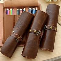 Retro Leather Buckle Embossed Roll Pencil Case Pencil Curtain Stationery Bags (Random Pattern)