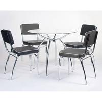 Retro Round Glass Dining Set with 4 Faux Lather Chairs