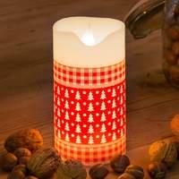 Red-patterned wax candle w. LEDs 15 cm battery