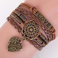 Retro Style Multilayer Brown Flower Heart Love Weave Wrap Bracelet with Rivet