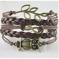 Retro Style Multilayer Brown Leaf Owl Love Weave Wrap Bracelet